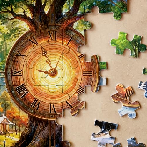Rompecabezas de Reloj con Paisaje de las Cuatro Estaciones para Adultos, 1000 Piezas. Escena Fantástica del Árbol de la Vida. Rompecabezas Desafiantes de Bosque, Río, Naturaleza y Arte miniatura 3