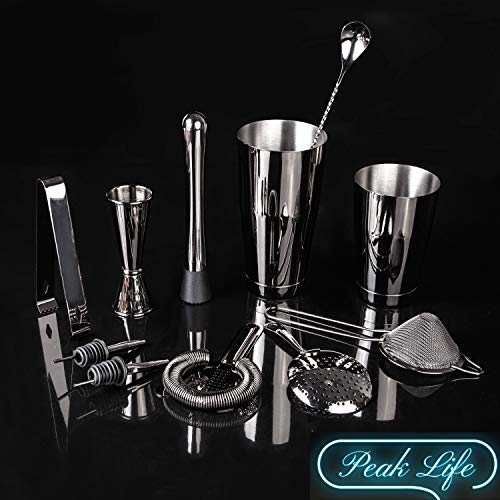 Peak Life Boston Cocktail Shaker Professional Bartender Kit, Home Bartending Accessories 11 Piece Bar Set Including Hawthorne Julep Strainers Muddler For Margarita Martini Drink Mixing Gun Metal Black #TOP1
