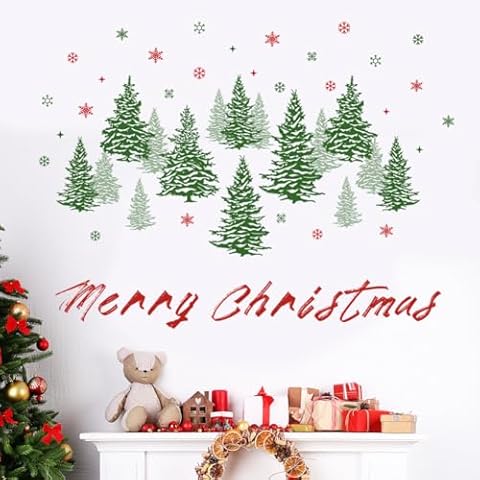 Prabahdak Watercolor Pine Tree Wall Decals Winter Snowflake Woodland Wall Stickers Merry Christmas Wall Decal DIY Peel and Stick Removable Xmas Green Tree Wall Stickers for Kids Nursery Decor Cover