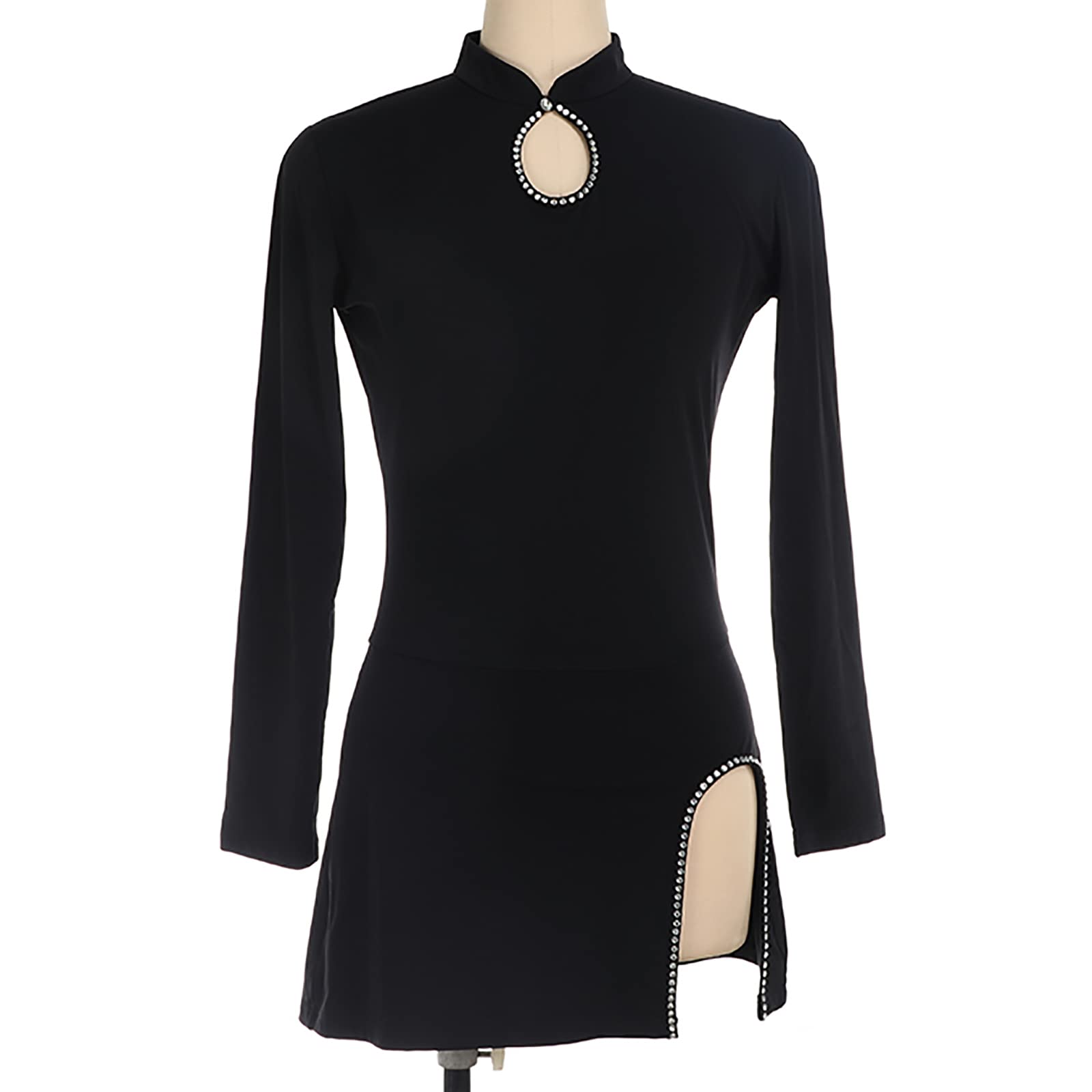 Niñas Mujeres Vestido de Patinaje sobre Hielo Manga Larga Estilo Chino Leotardo Falda Ballet Gimnasia(Size:M/150,Color:Negro)