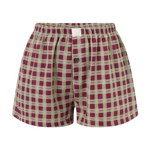 Image of Yuemengxuan Y2k Plaid Shorts Baggy Boxer Shorts for Women Elastic Waist Casual Lounge Bottom Gingham Pajama Shorts Sleepwear