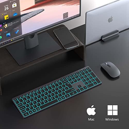 EARTO Wireless Keyboard and Mouse Combo, Backlit Keyboard and Mouse with 7 Pure Colors Backlight, 2.4GHz Rechargeable Keyboard and Mouse, for Windows/Mac OS/Laptop/PC, QWERTY UK layout, Gray