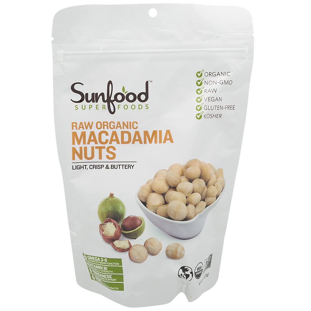 Sunfood Superfoods Organic Macadamia Nuts - Raw Macadamia Nuts Organic, Organic Macadamia Nuts Unsalted, for Macadamia Nut Milk, Baking, Trail Mix, Cheese, USDA Organic, Raw, Vegan, Non GMO - 8 oz Bag