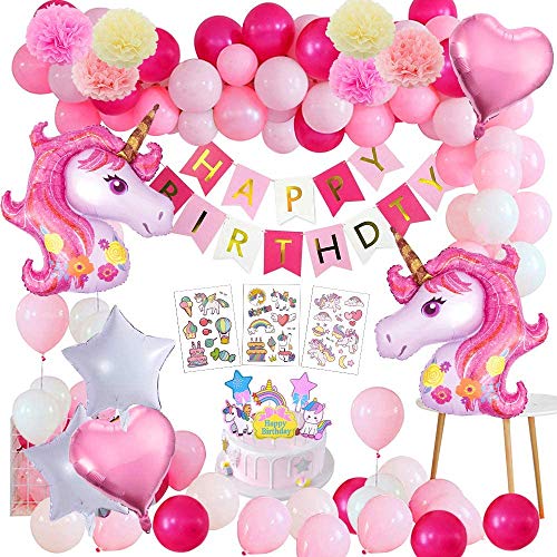 Yansion Pink Unicorn Party Decorations for Girls Lady,47pcs Unicorn Birthday Wedding Party Supplies Decoration with 3D Huge Unicorn Balloon Happy Birthday Banner Latex Party Ballons Paper Flowers Gift