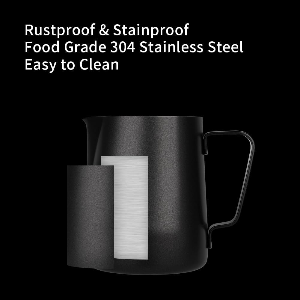 watchget - Jarra de espuma de leche de 350 ml, jarra de acero inoxidable para espumar leche, capuchino, latte, accesorios para máquina de café, jarra de leche, taza espumadora de leche, color negro