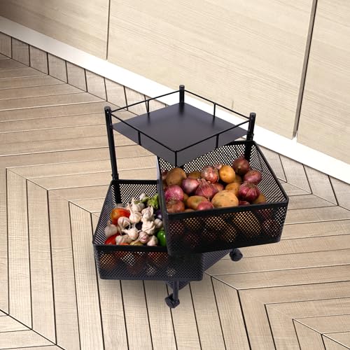 Image of KITCHIVO Kitchen Storage Rack | Revolving Vegetable Rack | Square Multipurpose Storage Trolley with Wheels | Metal Fruit Rack (Black, 3 Layer)