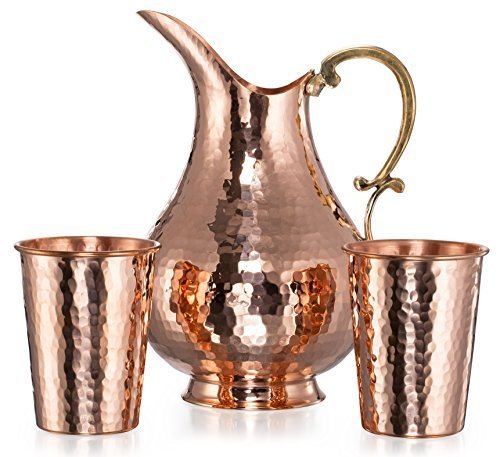 CopperBull - Jarra de agua de calibre pesado 100% puro de cobre macizo martillado Moscú, 70 onzas  sin tapa con 2 tazas por CopperBull