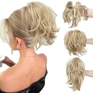 CJL HAIR Claw Clip Short Ponytail Hair Extensions Bendable Metals Messy Bun Hair piece Wavy Curly Fake Hairpieces (Dirty Blonde, Straight)