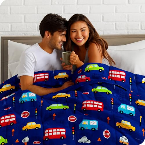 Image of 200 GSM 400 TC Kids Glace Cotton Reversible Cartoon Printed Double Bed King Size Comforter with Matching Bedsheet 90 * 100 with 2 Pillow Covers Set of 4 Pieces (Truck Bus)