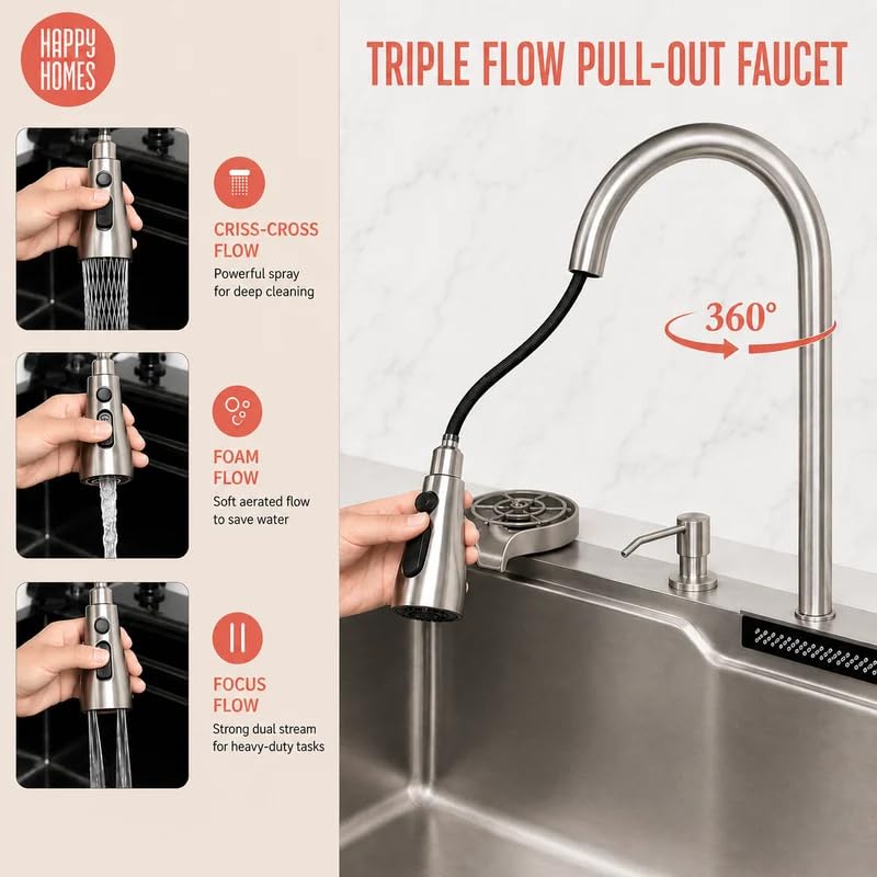 Image of HAPPY HOMES 304 Stainless Steel Kitchen Sink with Integrated Waterfall and Pull-down Faucet Set (30x18x9 inch, Nano Coating HEAVY
