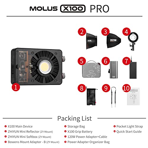 ZHIYUN MOLUS X100 Pro 100W COB LED Video Light Bi-Color 2700K-6500K  Permanent Output Lighting, Bluetooth App Control, Bowens Mount Kit, DC/PD  Power Supply | Guatemala Digital - guatemaladigital.com