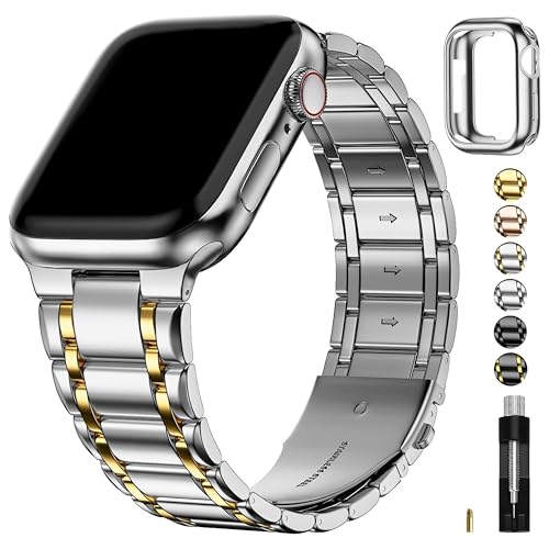 Image of Fullmosa Metal Bands with Case [Watch NOT Included] Compatible with Apple Watch Strap 42mm (Series 10 /11), Steel Apple Watch Band for iWatch Series 10 11,42mm（S11 /10,Silver and Gold