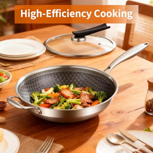 Image of DELARLO 12-Inch Tri-Ply Stainless Steel Nonstick Wok with Lid, Induction | Tri-ply wok heats evenly, works with induction, and is dishwasher and oven safe up to 650F for versatile cooking.