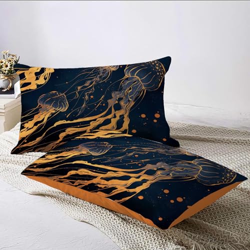 Parure couette méduse luxueuse bleu et or au design abstrait chic
