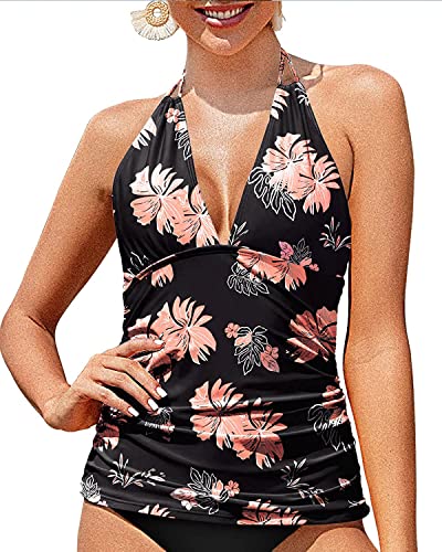 Image of Yonique Women's Halter Tankini Top V Neck Swim Top Tummy Control Bathing Suit
