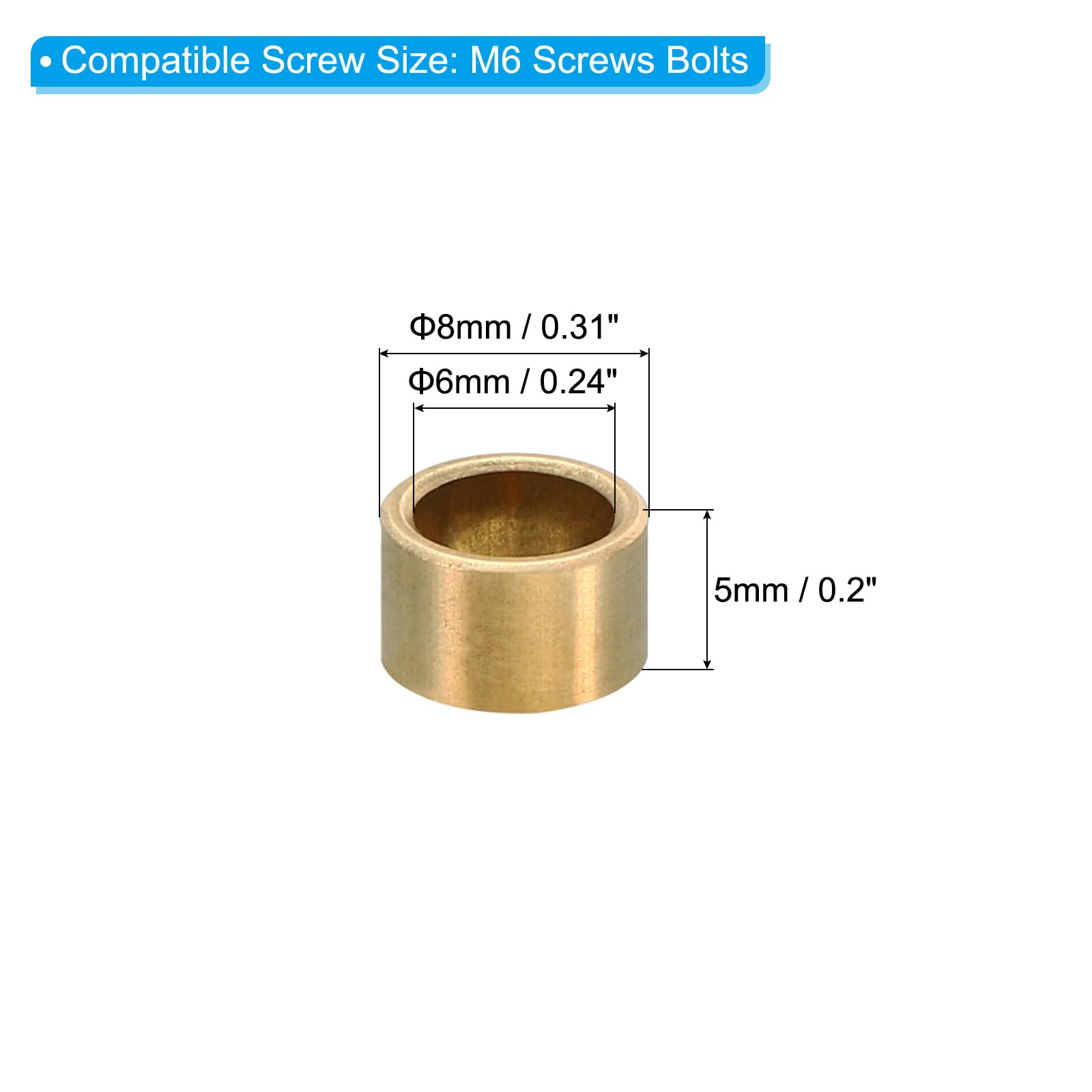 PATIKIL M6 Brass Spacers, 5 Pcs Metal Spacer Brass 6mm ID x 8mm OD x 5mm L Brass Spacers Screw Standoff for 1/4inch or M6 Screw Bolts - Image 2