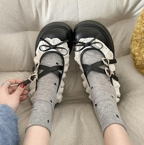 Women Lolita Shoes Heel Mary Jane Lace Pumps with Bow Kawaii Cute Cosplay Wedge Boots Cross Strap Block Heel Sweet Uniform Dress for Prom College Vintage Party Casual4