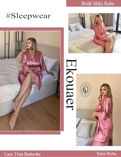 Image of Ekouaer Womens Silk Robes Short Lace Trim Satin Bride Bathrobe with Pockets