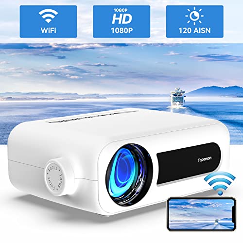 Toperson Mini Projector WiFi Projector for Movie 1080P Projector Compatible with HDIMI Portable Projector Supported AV/3.5 mm Audio Remote Control Movie Projector as Play PS Native HD Video Projector