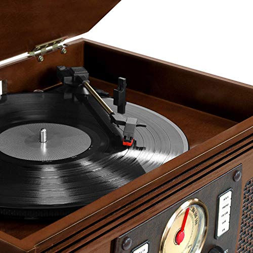 Victrola VTA-600B-ESP Navigator 8-in-1 Classic Bluetooth Record Player with USB Encoding and 3-Speed Turntable, Brown 