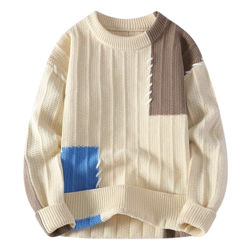 Men's Patchwork Crew Neck Loose Street Warm Knitted Pullover Sweater