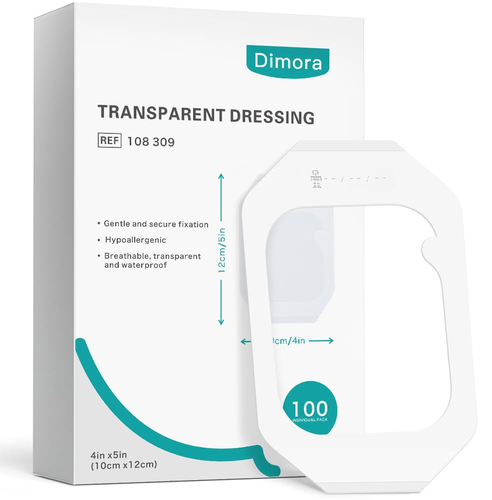 Dimora Waterproof Transparent Film Dressing, Clear Bandage Tape for Wound Care, Adhesive Post Surgical Cover Pad，for IV Shield, Tattoo Aftercare, Shower Protector 4x4 3/4 inch 100 Packs