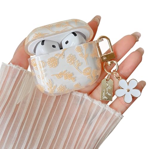 Image of MINSCOSE Compatible with AirPods 4 Clear Case,Cute Flower Floral Aesthetic Design with Flowers Keychain, Soft TPU Protective Shockproof Case for Women Girl for Airpods 4-Yellow
