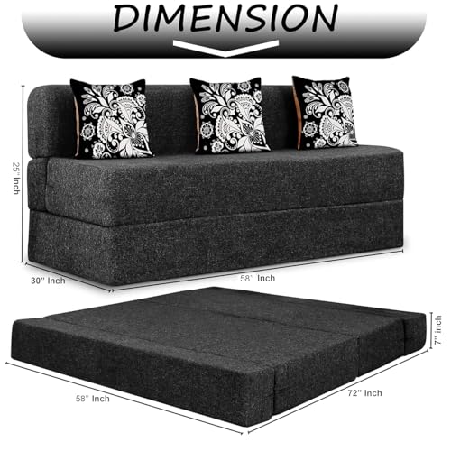 Image of Rosebell Three Seater Sofa Cum Bed | Jute Fabric Washable Cover | with 3 Printed Cushions Perfect for Guest | Black | 5' X 6' Feet