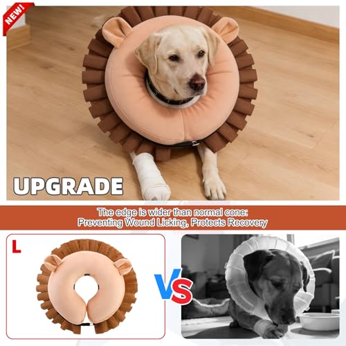 Image of KOOLTAIL Inflatable Dog Cone Collar, Soft Donut E Collar for Dogs After Surgery to Stop Licking Enhanced Alternative, Blow Up Pet Neck Pillow Recovery Adjustable Cone for Dog Cat, Lion L