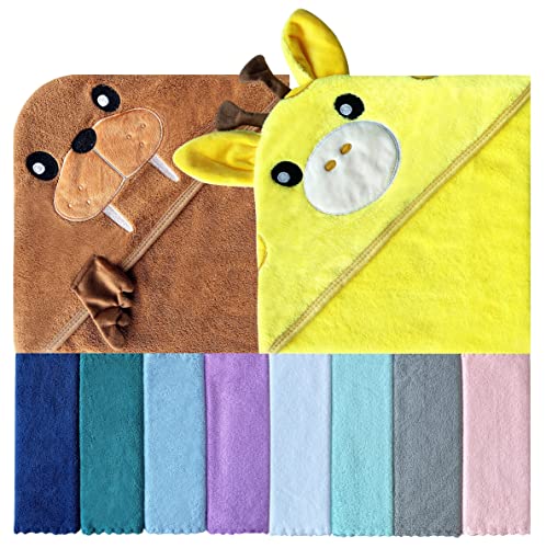 Image of Sunny zzzZZ Baby Hooded Bath Towel and Washcloth Sets, Baby Essentials for Newborn Boy Girl, Baby Shower Towel Gifts for Infant and Toddler - 2 Towel and 8 Washcloths - Giraffe and Seal