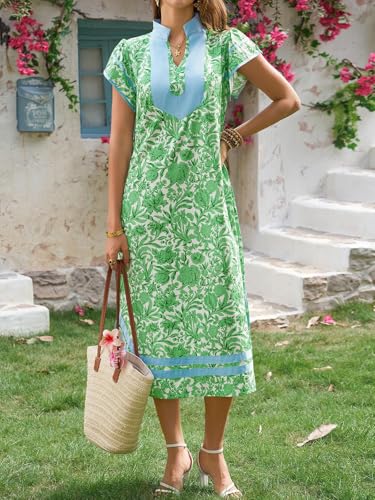 Image of Wenrine Womens Summer Floral Maxi Dress Casual Short Cap Sleeve V Neck Color Block Side Slit Loose Boho Beach Dresses