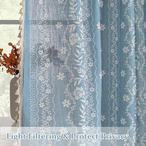 Image of MYSKY HOME Dusty Blue Boho Curtains 90 Inch Length Linen Blend for Bedroom | Light Filtering Farmhouse Bohemian Curtains for Living Room Semi Sheer Drapes with Beige Tassels Back Tab, 50 inch Wide, 2 Panels
