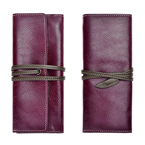 Image of ZLYC Handmade Leather Pencil Case Soft Roll Bag Stationery Gift,Burgundy | multi slot pen storage design,school class daily use,office desk organizer,graduation holiday gift,foldable portable size