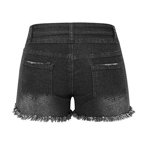 Image of THUNDER STAR Women Mid Rise Ripped Stretchy Jeans Shorts Frayed Raw Hem Casual Denim Shorts