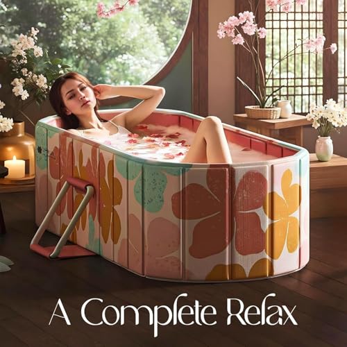 Image of Portable Foldable Adult Bathtub for Home, Large Plastic Soaking Tub with Drain Pipe, Freestanding Spa Bath Tub for Hot & Cold Bath, Balcony & Small Bathroom Use (Peach Blossom)