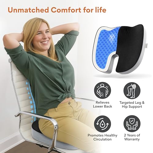 Image of FOVERA Cool Gel & Memory Foam Coccyx Cushion | Orthopedic Seat Cushion for Chair, Car Seat Cushions, Memory Foam Sitting Pillow for Tailbone, Sciatica & Back Pain Relief (Universal, Black & Grey)