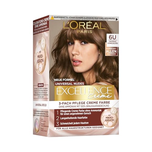 L'Oréal Paris Permanente Haarfarbe für jeden Hautton, Coloration ohne Ammoniak, Universale Nude-Töne mit vollständiger Grauhaarabdeckung, Excellence Creme, Nr. 6U Dunkelblond (Blond), 1 Stück