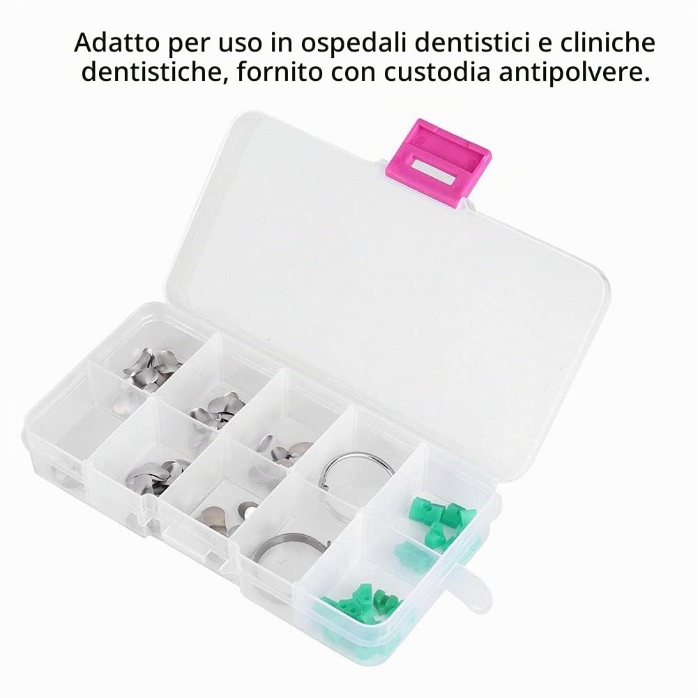 Matrici Dentali, Set Professionale di 100 Matrici Sezionali in Metallo con 20 Cunei e Anelli, Strumenti Odontoiatrici per Trattamenti di Precisione, Kit Completo per Cliniche e Studi Dentistici