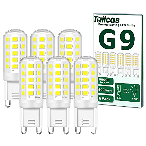 Tailcas Ampoules LED G9, 5W Equivalent 50W Halogène Lampe, Blanc Froid 6000K 500LM Non Dimmable Sans Scintillement AC 220-240V pour Ceiling Lighting, Chambre Salon Cuisine Jardin, Paquet de 6