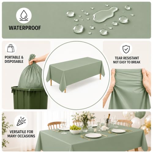 Image of 3 Pack Sage Green Plastic Tablecloths, 54 x 108 Inch Disposable Covers | Ideal for Weddings, Baby Showers, Bridal Showers and Birthdays, Helping Protect Tabletops from Spills and Simplify Cleanup