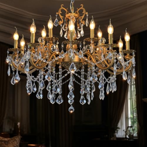MEEROSEE Crystal Chandeliers Contemporary Chandelier Island Lighting 15 Lights Candle Pendant Ceiling Light Fixture for Dining Room Living Room Kitchen Bedroom Hallway Entry D35.4