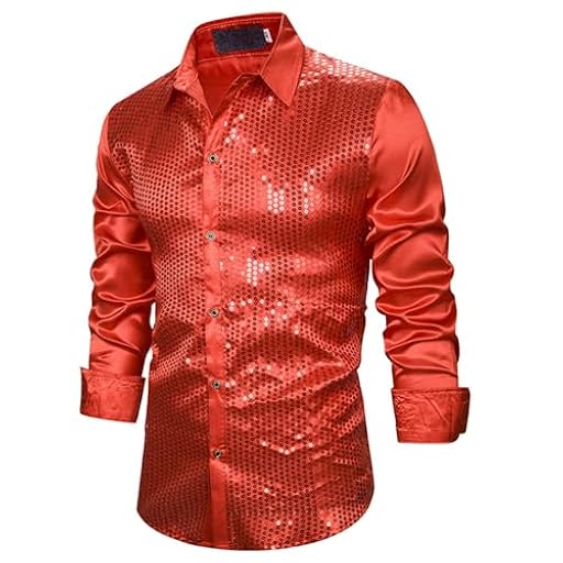 Camisa de Lentejuelas para Hombre de Manga Larga Camisas Corte Ajustado para Discoteca Club Nocturno Baile 70 Años Camisas (Red, S) | Ya disponible en tu tienda friki favorita! En mundofriki.es!
