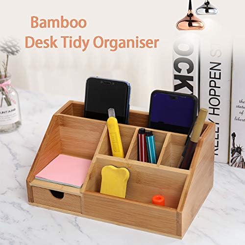 Bamboo Desk Tidy Organiser,NETUME Wooden Stationery Organiser with Pen Holder Letter Rack for Desktop Storage, Handcraft Decorative Desk Caddy Organizer Accessories for Office Home School,Warm Brown