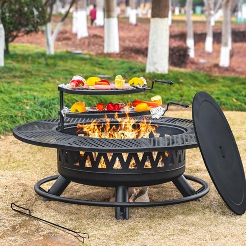 47 Inch Outdoor Fire Pit with 2 Grills, Wood Burning Large Fireplace Table
