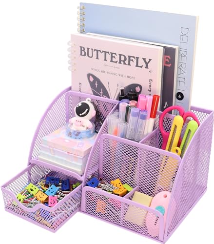 Boutilon Mesh Desk Organizer Desktop Office Supplies Stationary Organizer with 6 Compartments and 1 Drawer Multi-Functional Caddy Pen Holder for Home Office School Desk Decor(Pale Purple)