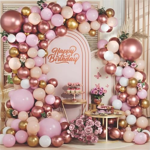 Image of 61 Pcs Set of pink, peach and rose gold balloon garland kit for birthday decoraion, anniversary decoration, Home Decoration Items