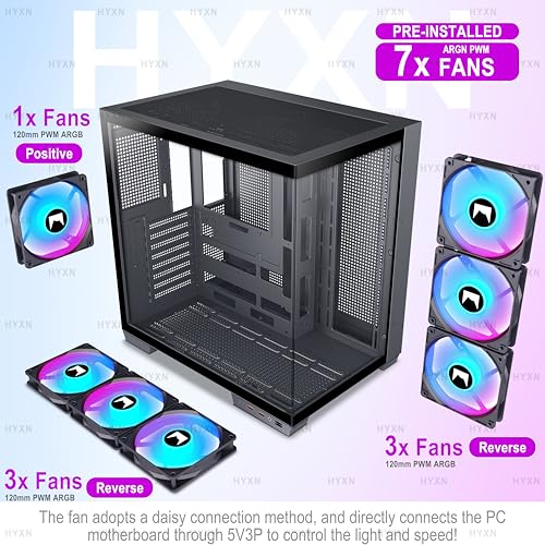 H1 ATX PC-behuizing – vooraf geïnstalleerde 7 PWM ARGB ventilatoren, dual kamer Mid Tower Gaming pc-behuizing, met Type-C, gelijktijdige installatie van 3 x 360 mm koeler (zwart, H1) - Afbeelding 4