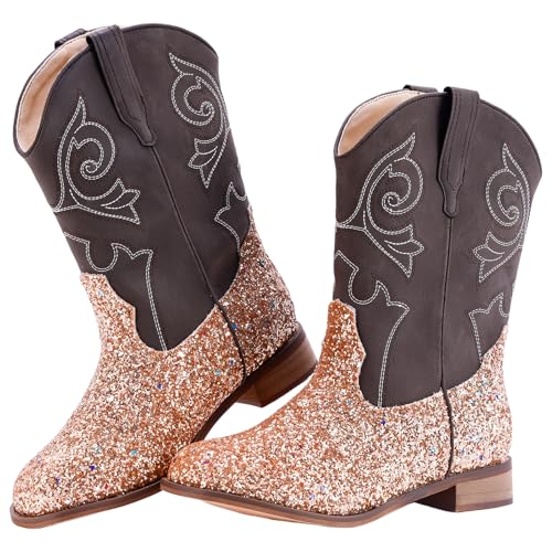RLW Girls Cowboy Boots Kids Cowgirl Western Boot Glitter Round Toe with Walking Heel for Toddler/Little Kid/Big Kid