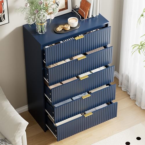 Image of Furniway Blue Dresser for Bedroom, Modern Dresser with 5 Drawers and Smooth Slides, Wide Chest of Drawers with Golden Handles for Bedroom, Living Room, Closet, 15.7 inch D x 31.5 inch W x 47.2 inch H