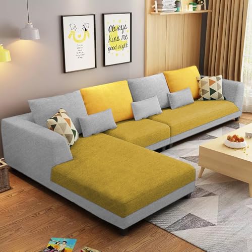Image of Galib LHS 6 Seater L Shape Sofa Set for Living Room (Yellow Grey Fabric) Premium Fabric Sofa